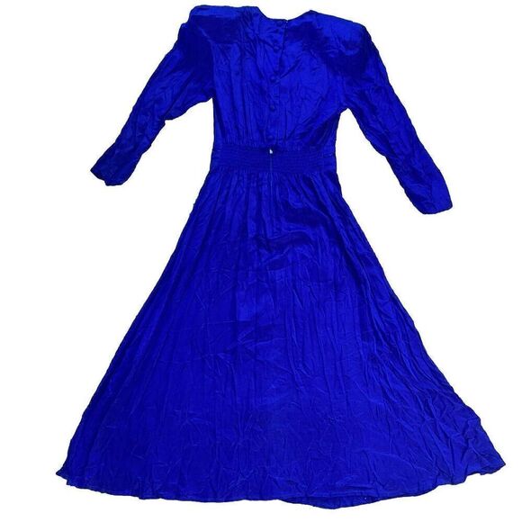 VTG 90s Karin Stevens Dress Blue Midi LS Embroidery Beads Secretary Geek - Picture 7 of 14